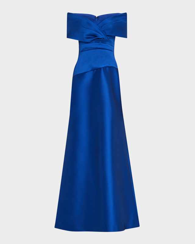 Stretch Mikado Portrait Draped A-line Gown